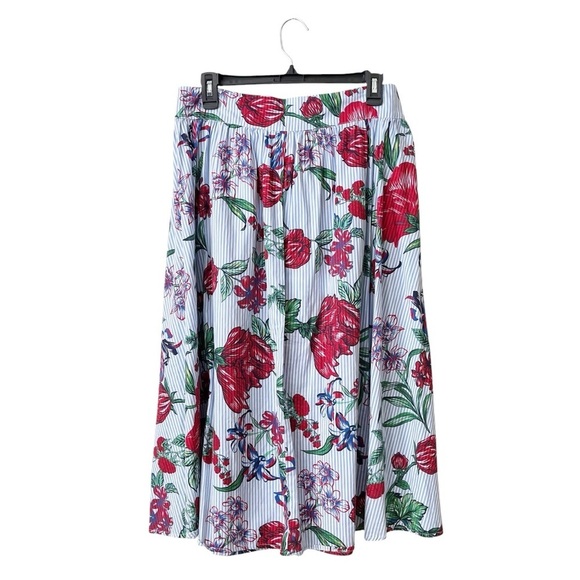 NM Neiman Marcus Midi Skirt Womens Size 8 Blue Stripe Red Rose Tie Front Buttons - Picture 4 of 6